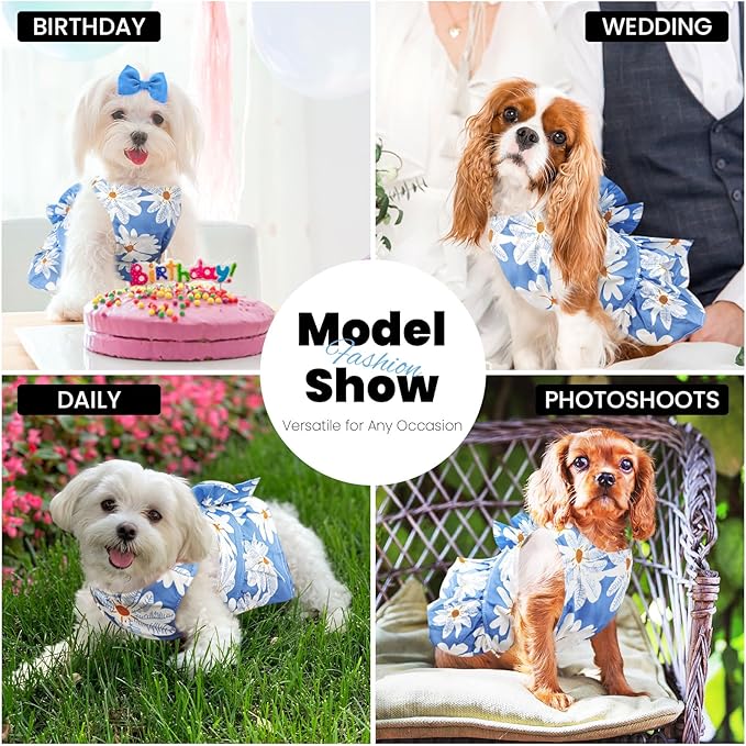 Cute Dog Dress Small Dog Clothes for Girls Female Puppy Outfits Floral Pet Summer Clothes Bowknot Doggy Harness Dress Cat Princess Dresses for Holiday Birthday Party (Blue Daisy, Small)