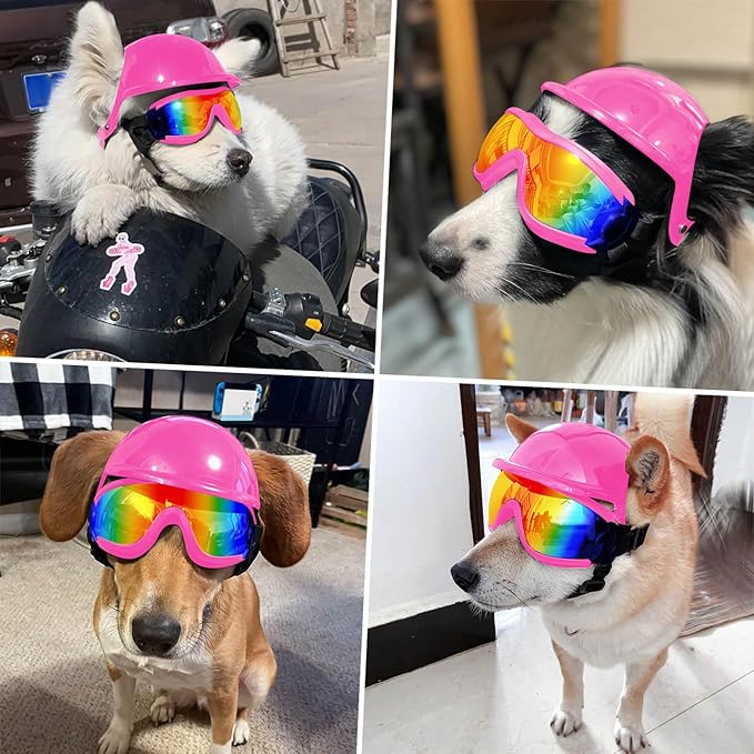Dog Goggles and Helmet Set - Anti-dust UV Protection Sunglasses, Durable Motorcycle Helmet With Ear Hole, Adjustable Pet Glasses for Medium to Large Dogs - Pink