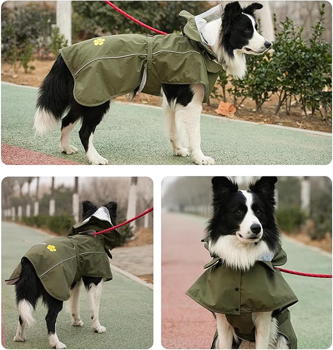 MAMORE Dog Raincoat Waterproof Dog Rain Jacket with Cute Hood for Small Medium Large Dogs Puppy Poncho Reflective Adjustable (Army Green, Large)