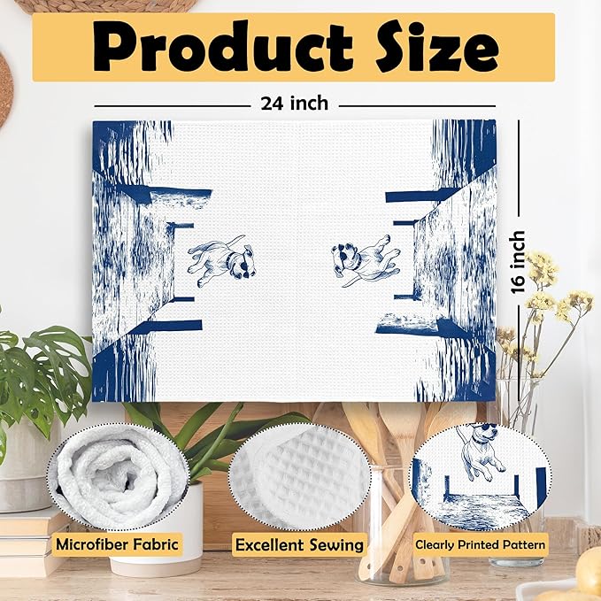 Lake House Decor Pitbull Kitchen Towels Set of 2, Summer Funny Lake Dog Coastal Bathroom Hand Towel, Dog Lover Gifts Tea Towel Dish Towels 16x24 Inch