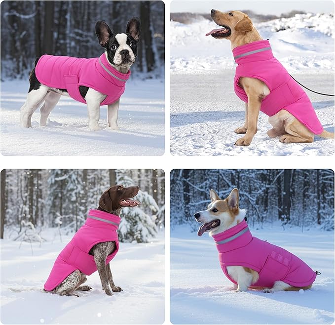Mklhgty Waterproof Dog Coat for Medium and Large Dogs, Warm Dog Winter Jacket, Reflective Windproof Turtleneck Coats with Adjustable Hook & Loop - Pink - L