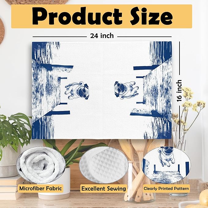 Lake House Decor Pug Kitchen Towels Set of 2, Summer Funny Lake Dog Coastal Bathroom Hand Towel, Dog Lover Gifts Tea Towel Dish Towels 16x24 Inch