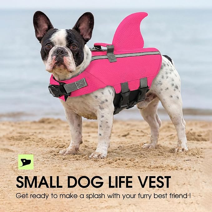 SUNFURA Dog Life Jacket Shark Life Vest for Dogs, Adjustable Swmming Vest with High Buoyancy, Safety Lifesaver with Rescue Handle for French Bulldog Small Medium Breeds, Hot Pink L