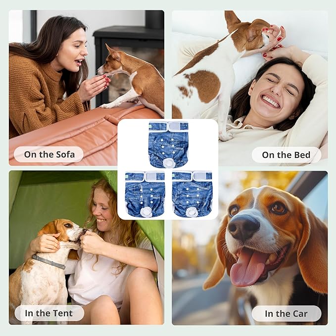 wegreeco Washable Female Dog Diapers Highly Absorbent Reusable Diapers for Dog in Heat Period, 3 Pack (Blue Jeans, Large)
