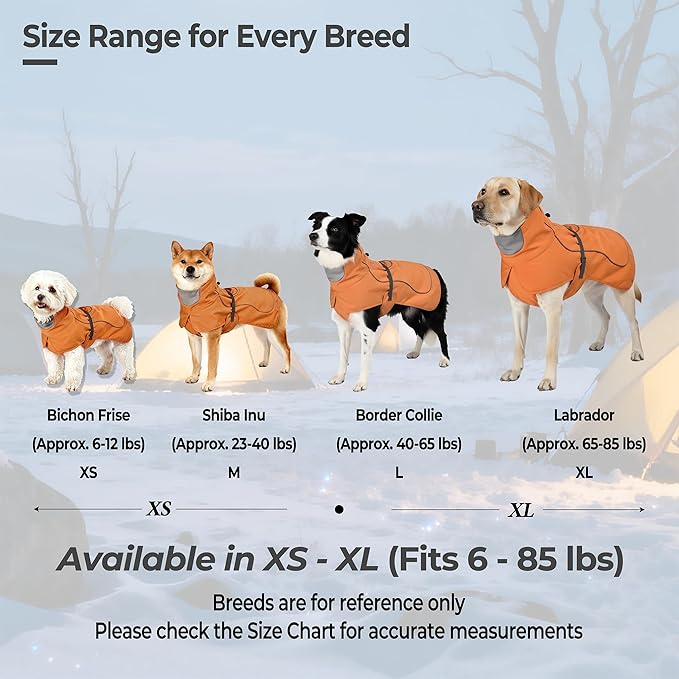 Softshell Dog Winter Vest, Fleece Lined Water-Repellent Jacket with Fur-Safe Buckle (No Hook & Loop) for Hiking, Adjustable Reflective Winter Coat for Active Dogs (Aurantium, Large)