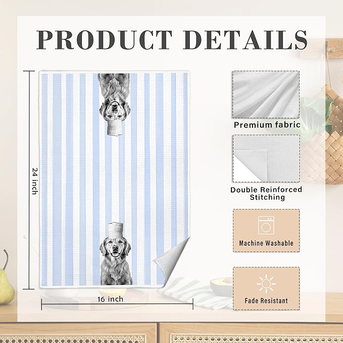 Funny Golden Retriever Hand Towels for Bathroom, Golden Retriever Lover Gifts, Blue Striped Dog Lovers Gifts Decorative Hand Towels for Bathroom Washroom Half Bath, 16x24 Inch Set of 3