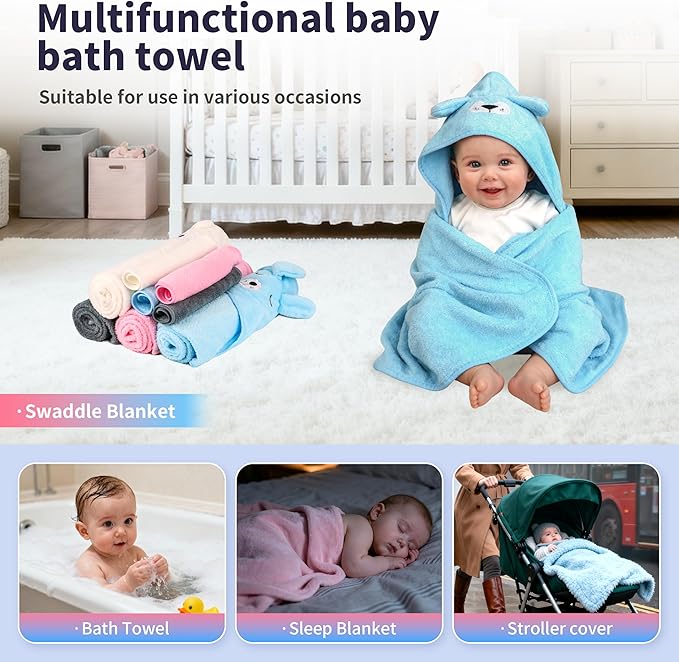 HBHLFZ 4-Pack Baby Bath Towels,Set of 2 Hooded Baby Bath Towels and 2 Baby Face Towels, Super Soft,Highly Absorbent,31.5x31.5inch,Suitable for Newborns,Toddlers and Children,Unisex(Kitten, Dog