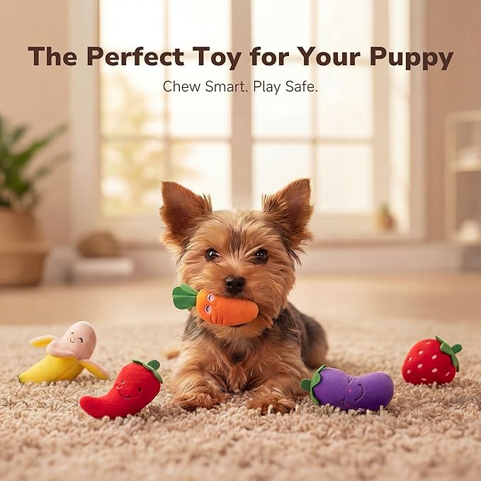Pets&Goods Plush Squeaky Dog Toys – 5-Pack Fruit & Veggie Set for Puppies & Small Dogs – Soft, Crinkle, Durable Toys for Indoor Play, Teething Puppies & Dog Gifts