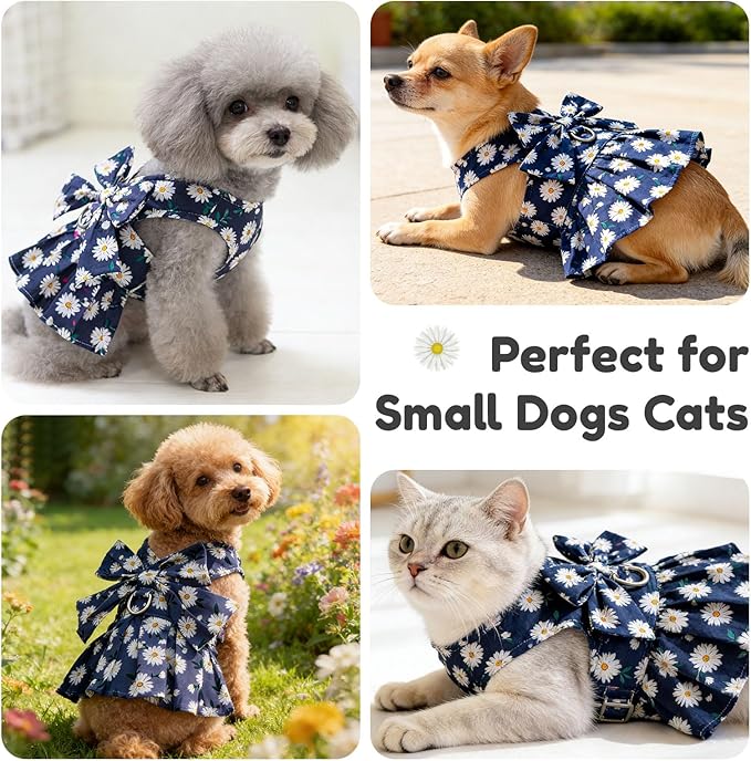 BAEJMJK Dog Dress Bowknot Harness Leash Set for Small Dogs Cats Daisy Floral Girl Dog Dresses Cute Puppy Princess Clothes Pet Doggy Outfits Spring Summer Breathable Dresses (Medium, Navy Blue)
