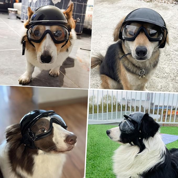 Dog Goggles and Helmet Set - Anti-dust UV Protection Sunglasses, Durable Motorcycle Helmet With Ear Hole, Adjustable Pet Glasses for Medium to Large Dogs/Clear