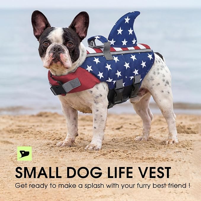 SUNFURA Dog Life Jacket Shark Life Vest for Dogs, Adjustable Swmming Vest with High Buoyancy, Safety Lifesaver with Rescue Handle for French Bulldog Small Medium Breeds, USAFlag2 XS