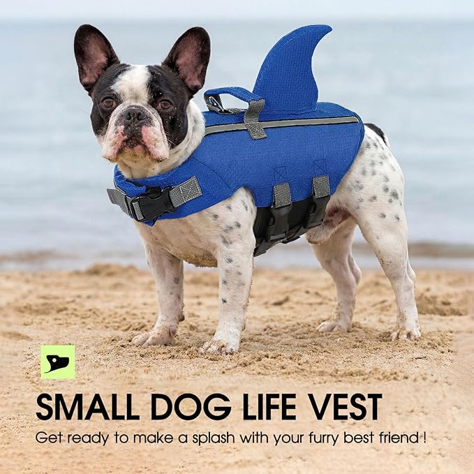 SUNFURA Dog Life Jacket Shark Life Vest for Dogs, Adjustable Swmming Vest with High Buoyancy, Safety Lifesaver with Rescue Handle for French Bulldog Small Medium Breeds, Dark Blue XS