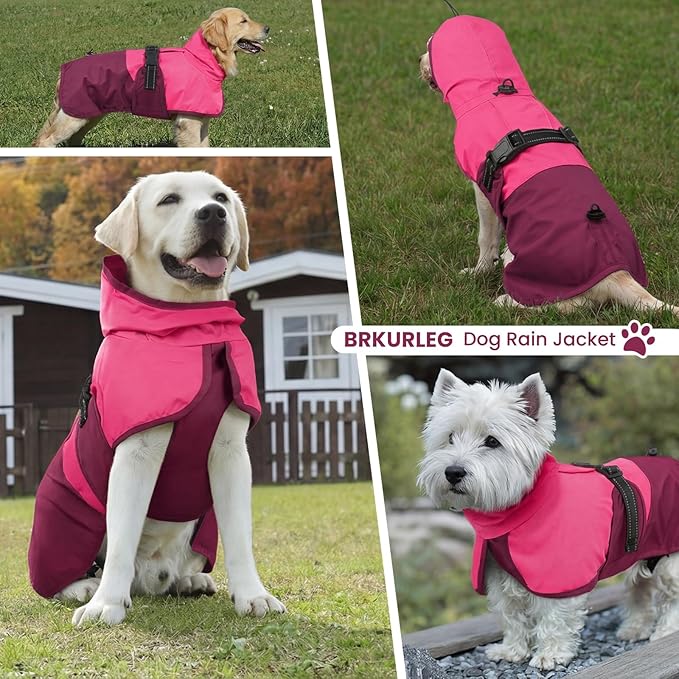 BRKURLEG Dog Raincoat Adjustable Dog Rain Jacket with Hood Dogs Waterproof Rainproof Jacket with Leash Hole Pet Poncho Rain Coat Poncho with Reflective Strip, Rose Red, L