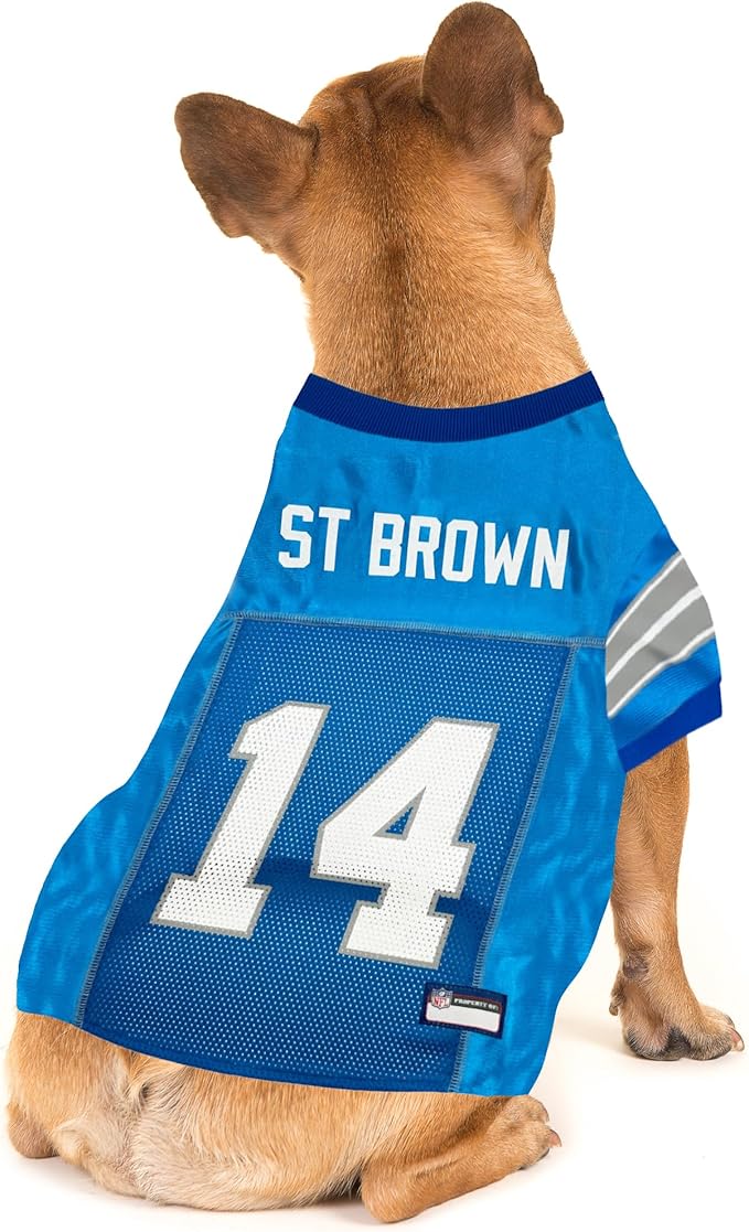 Pets First NFLPA Amon-RA ST Brown Jersey #14, NFL Dog Shirt, Detroit Lions Mesh Jersey, Size X-Large