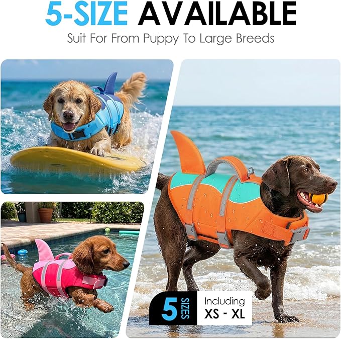 AOFITEE Dog Life Jacket Large, Shark Dog Life Vest for Swimming Boating, High Flotation Reflective Dogs Swimming Vest Lifesaver with Rescue Handle, Pet Swimsuit for Small Medium Large Dogs, L