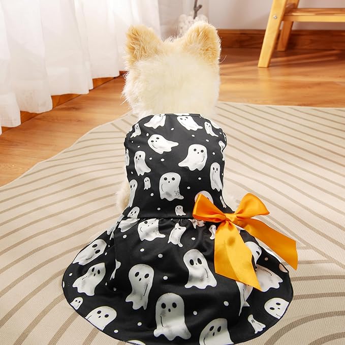Halloween Dog Dress Ghost Print Pet Costume with Orange Bow Soft Fabric 5 Sizes for Small & Medium Dogs Cute & Comfortable Holiday Outfit