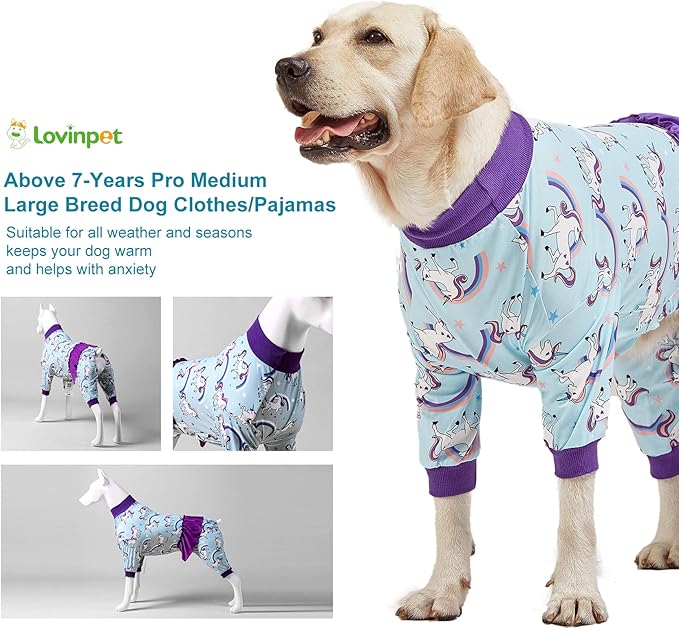 LovinPet Big Dog Onesie Pitbull, PJ's for Dogs, Magical Unicorn Rainbow Print, Lightweight Stretchy Knit Pullover Large Puppy Pajamas, Large Breed Dog Jammies, Pet PJ's, L