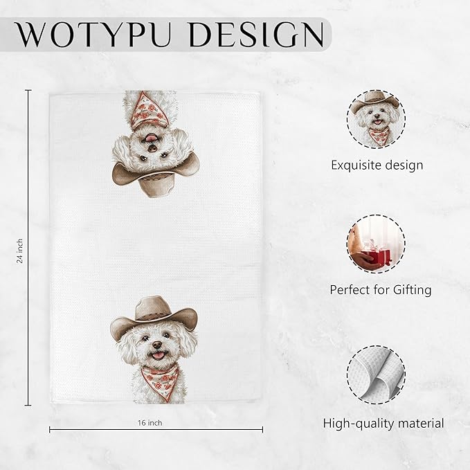Cowboy Bichon Frise Kitchen Towels, Bichon Frise Gifts for Women Men Dish Tea Towel for Kitchen Decor, Funny Western Dog Hand Towels for Bathroom Decor, Dog Lover Mom Gifts, 16X24 Inch