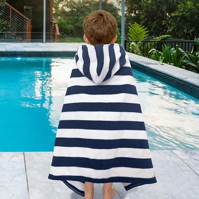 VOOVA & MOVAS Toddler Hooded Bath Towels 0-3T, 25''X40, Soft | Thick | 100% Cotton | Absorbent Towel Wrap for Baby, Perfect for Beach, Pool, Bath, Swimming,Navy Stripe