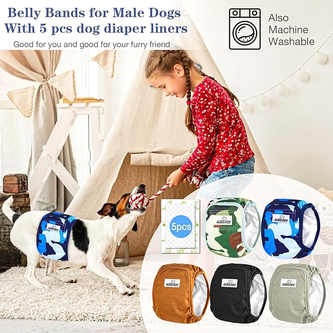 Belly Bands for Male Dogs 5 Pack Washable Dog Diapers Reusable Male Dog Pee Wraps with 5pcs Dog Diaper Liners for Doggie in Incontinence or Excitable Urination and Training, M