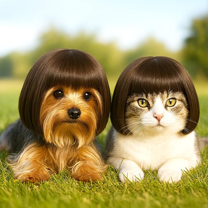 Funny Dog Wig for Small Medium Large Dogs, 7 Inches Pet Costume Elastic Cat Cosplay Wig Decoration for Halloween, Christmas, Parties(Brown)