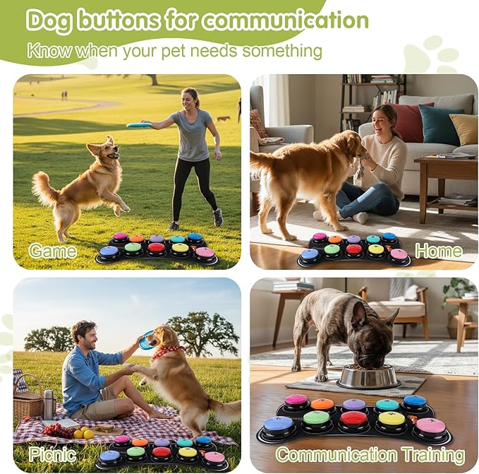 Dog Buttons for Communication 10 Dog Talking Buttons Starter Set 30S HD Recordable Training Buttons with Waterproof Anti-Slip Mat + 50 Scene Stickers