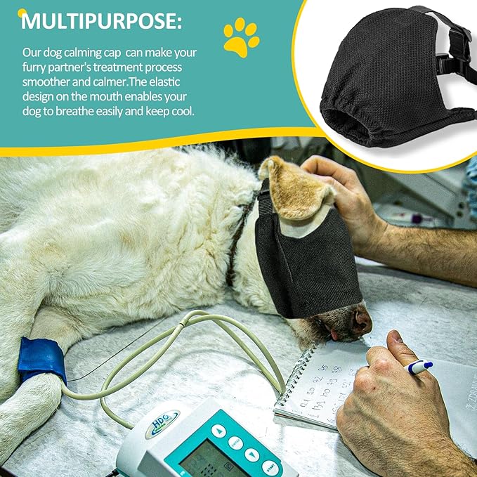 OHCOZZY Dog Calming Cap, Soft Dog Eye Mask Adjustable Mouth Pet Mask Muzzle for Grooming Anti Car Sickness(L,Black)