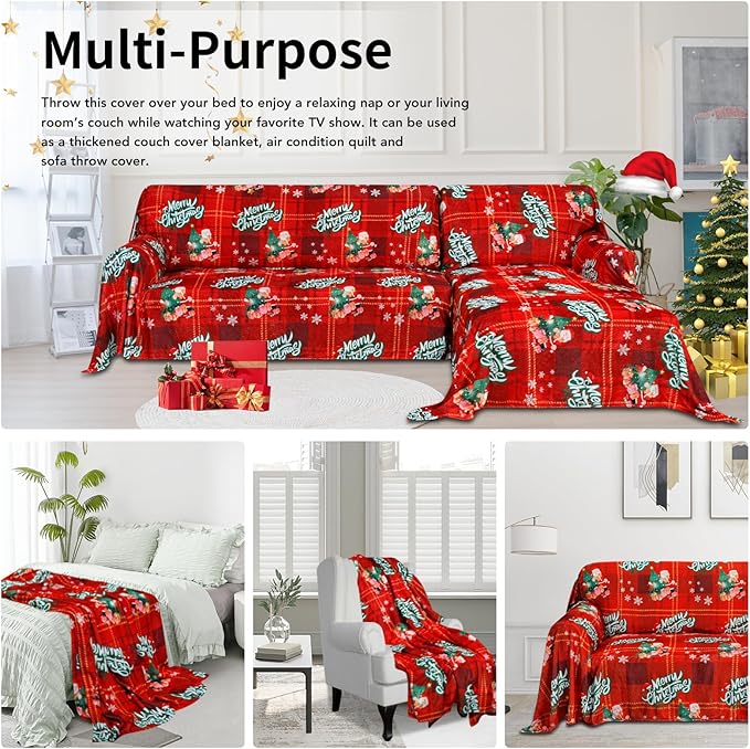 Easy-Going 80X102 inches Merry Christmas Chair Sofa Cover, Jacquard Velvet Couch Slipcover for 1 Cushion Couch, L Shape Sectional Covers for Dogs, Washable Sofa Blanket, Furniture Protector