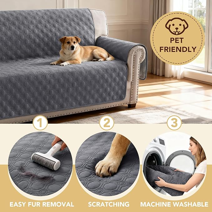 H.VERSAILTEX 100% Waterproof Couch Covers for 3 Cushion Couch Triple Non-Slip Sofa Cover with Storage Pocket Washable Couch Protector for Dogs(Sofa, Grey)