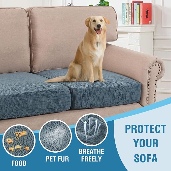 H.VERSAILTEX Jacquard Cushion Covers for Couches and Sofas High Stretch Sofa Cushion Covers Spandex Furniture Protector Anti-Slip Soft Thickened Slipcovers Crizzle Pattern(3 Seat Covers, Stone Blue)