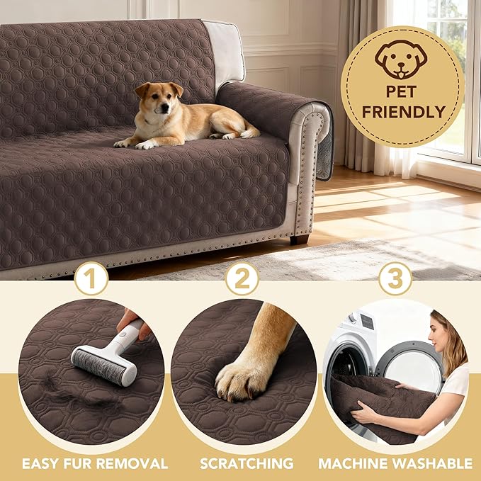H.VERSAILTEX 100% Waterproof Sofa Cover Washable Couch Cover for Dogs with Elastic Straps Thick Durable Furniture Protector for Pets Couch Cover for 3 Cushion Couch(XL Sofa, Brown)