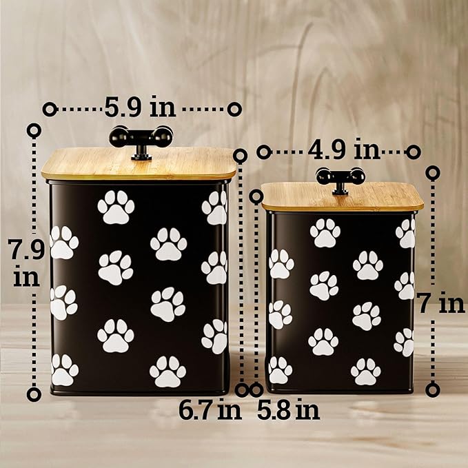 Dog Treat Container Airtight Set of 2 - 8x6 & 7x5 inch Iron Dog Treat Jars for Kitchen Counter with Airtight Bamboo Lids - 20 Cup Capacity Pet Treat Container Set - Doggie Cookie Jar - Treats Canister