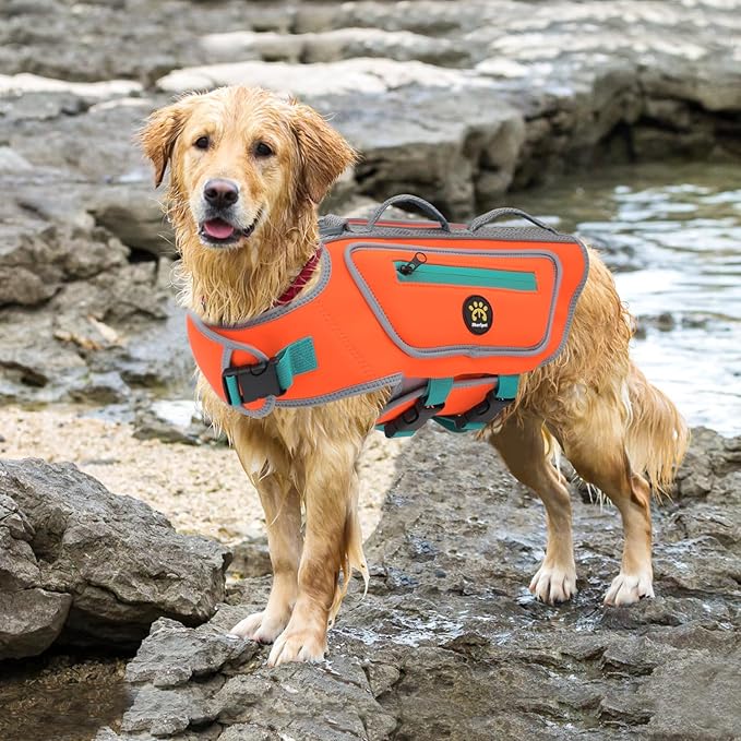 Dog Life Vest for Swimming, High Flotation Dog Life Jacket for Large Dogs Good Visibility Reflective Puppy Floating Vest, Adjustable Neoprene Pet Swimsuit with Rescue Handle, Orange, L