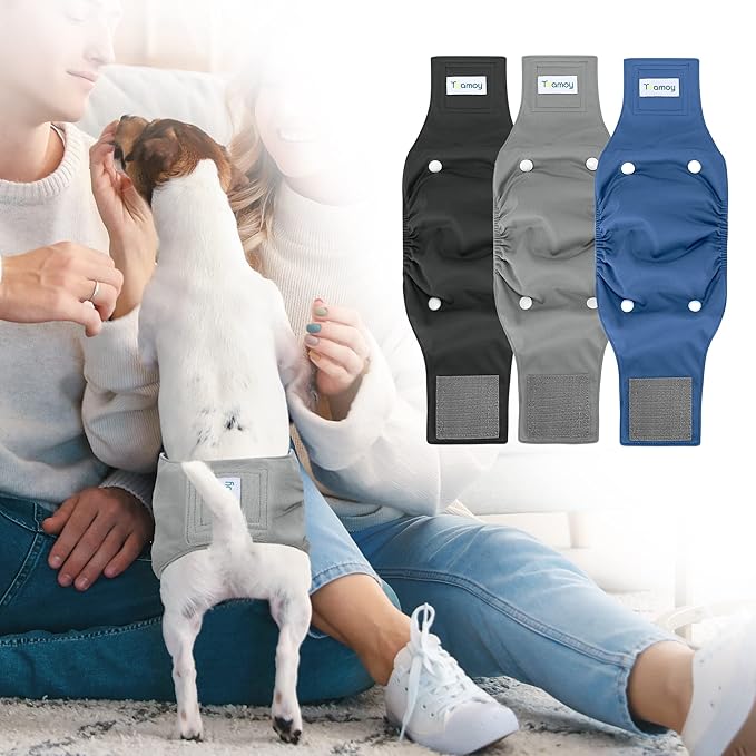 Teamoy Belly Bands for Male Dogs with Removable Pads, Reusable Washable Puppy Dog Diaper Wraps with Gray Lining(Pack of 3),L1