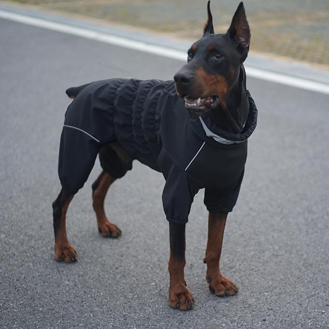 Winter Waterproof Dog Snowsuit – Full Body Outdoor Jacket with Leash Ring, Fleece Lining, Windproof Reflective 4-Leg Dog Coat for Small to Large Dogs Black S
