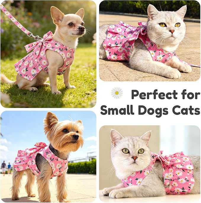 BAEJMJK Dog Dress Bowknot Harness Leash Set for Small Dogs Cats Daisy Floral Girl Dog Dresses Cute Puppy Princess Clothes Pet Doggy Outfits Spring Summer Breathable Dresses(Pink,Small)