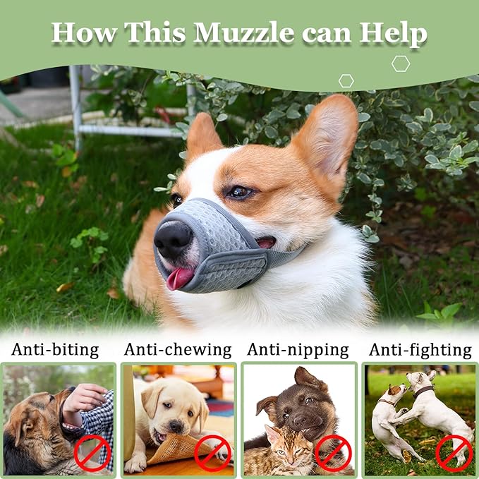 Mayerzon Dog Muzzle, Puppy Soft Mesh Muzzle for Small Medium Large Dogs Chihuahua Poodles Beagle Dachshund Corgis Labrador for Biting Chewing Grooming That Allows Panting Drinking(S, Grey)