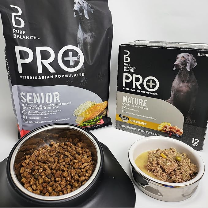 Mature Kit, Pure Balance Pro+ Mature Salmon & Brown Rice Recipe Dry Dog Food for Senior Dog, 8 lbs,Mature Wet Dog Food Variety Pack, 3.5 oz Bowls (12 Pack),Nandog Plush Toy