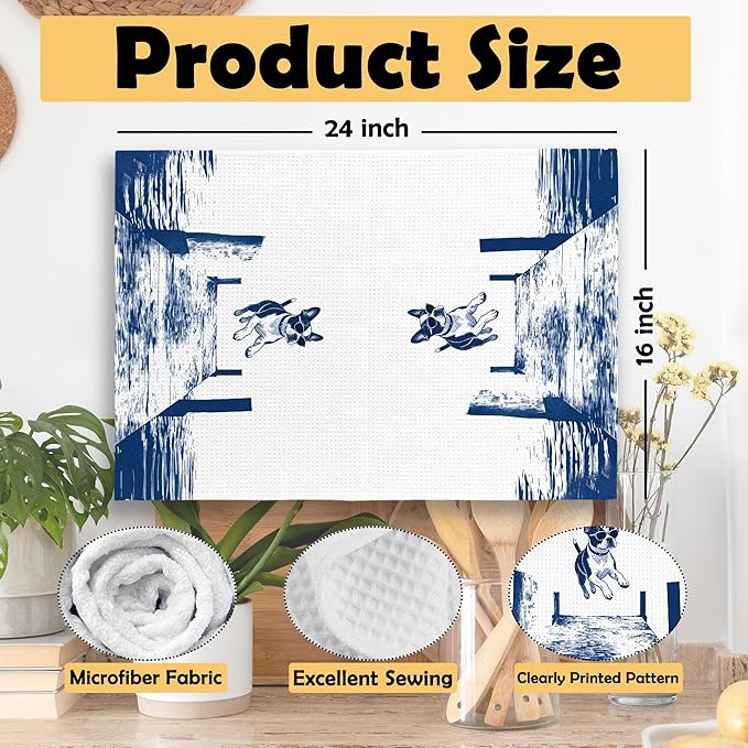 Lake House Decor Boston Terrier Kitchen Towels Set of 2, Summer Funny Lake Dog Coastal Bathroom Hand Towel, Dog Lover Gifts Tea Towel Dish Towels 16x24 Inch