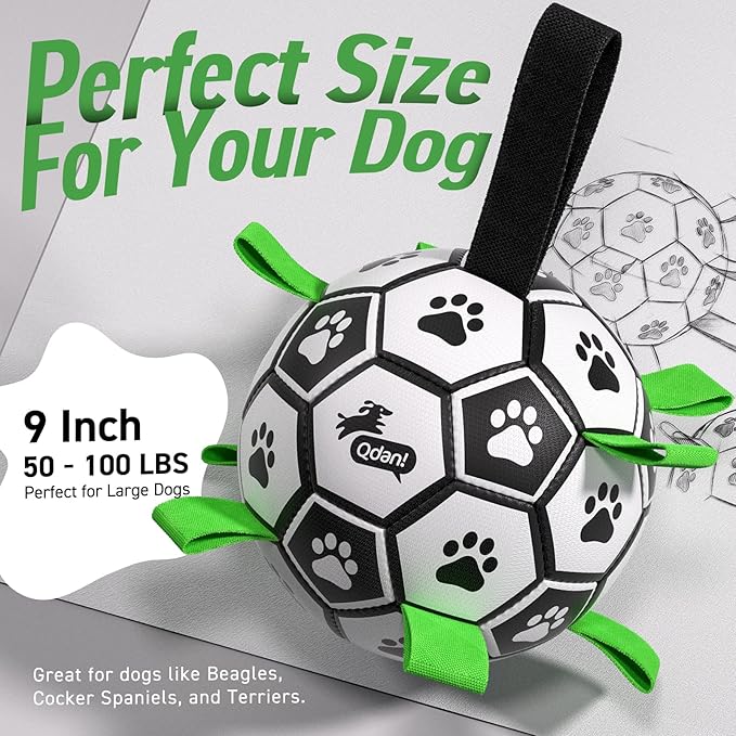 QDAN Dog Toys Extra Large Soccer Ball with Straps, Tug Toy, Water Toy, Durable Dogs Balls World Cup for Large(9 Inch)