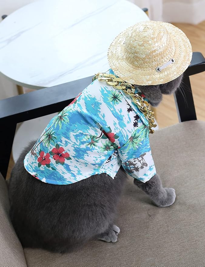 Hawaiian Dog T Shirts Pet Summer Clothes Cat Sunglasses Funny Straw Hat Kitten Costumes with Gold Chain Collar (Large,Cyan-Blue)