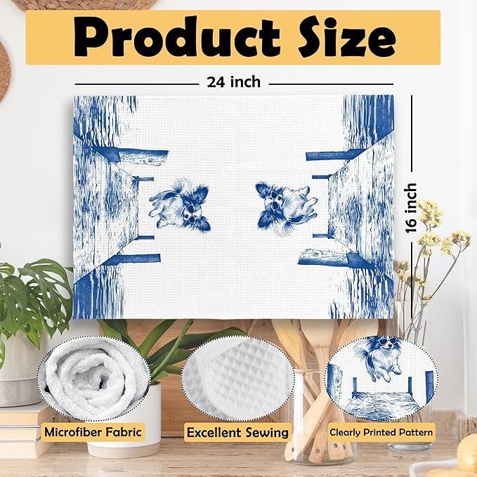 Lake House Decor Papillon Kitchen Towels Set of 2, Summer Funny Lake Dog Coastal Bathroom Hand Towel, Dog Lover Gifts Tea Towel Dish Towels 16x24 Inch