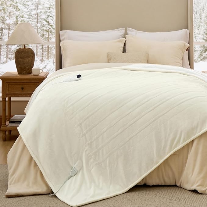 Bedsure Electric Blanket Twin - Soft Flannel Heated Blanket Twin Size, Fast Heating with 6 Time Settings (Up to 10H) & 6 Heat Settings, Warm Gift for Grandma (62x84 inches, Ivory)