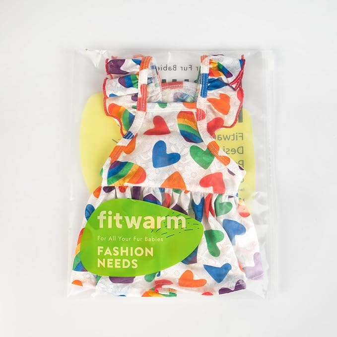 Fitwarm Colorful Heart Dog Dress, Summer Clothes for Small Dogs Girl, Cute Pet Rainbow Outfit, Red, Yellow, Blue, Green, White, XXS