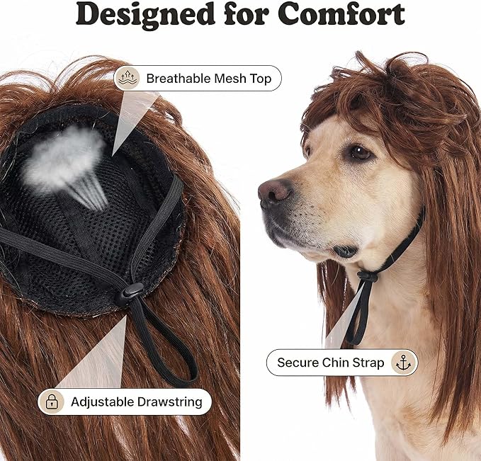 Dog Mullet Wig and Punk Sunglasses,Retro 70s 80s Disco Rock Star Halloween Party Costume Outfit for Medium Large Dogs,Curly Fancy Pet Brown Long Wig (Brown, One Size)