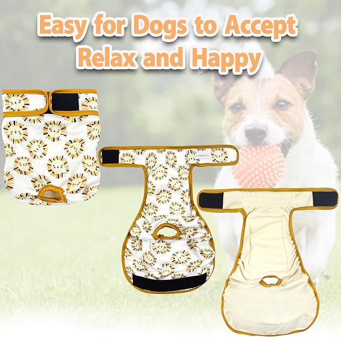 Langsprit Washable Female Dog Diapers (3 Pack) -Doggie Reusable Diapers for Doggy Puppy Female in Period - Highly Absorbent Dog Heat Panties with Adjustable Snaps (Rabbit, Owl, Lion, Large)