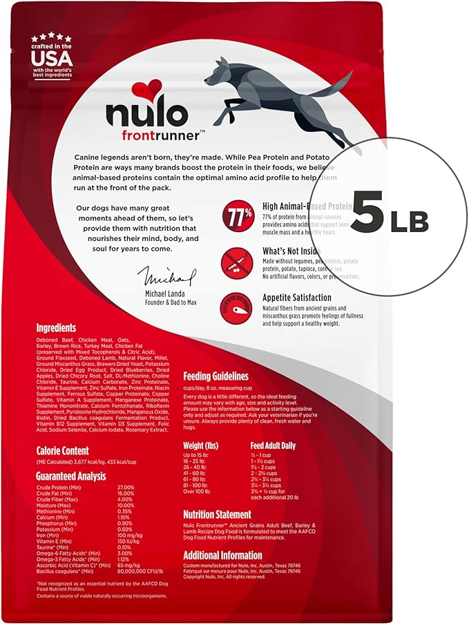 Nulo Frontrunner Dry Dog Food - Adult High-Protein Beef, Barley & Lamb Recipe, Natural Kibble with Ancient Grains, Probiotics, Taurine, Omega 3 for Small, Medium and Large Breeds, 5lb Bag