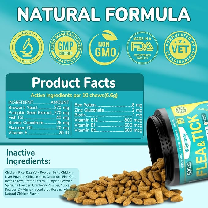 4-IN-1 Flea and Tick Prevention for Dogs, 500 Crunchy Dog Flea Chews, Dog Flea Treatment, Natural Oral Flea Treatment for Dogs, Daily Support for Flea, Skin & Coat, Gut, Immune, Chicken Flavor