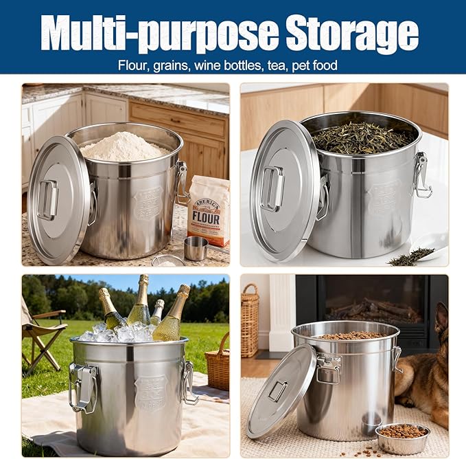 20 Lbs Stainless Steel Dog Food Storage Containers with Airtight Lid and Locking Clamp, Large Metal Dog Food Bin, Pet Food Storage Container for Dogs, Cats & Birds, Keep Fresh