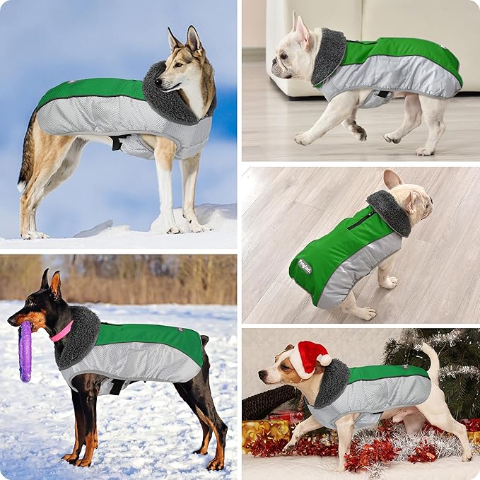 Dog Coat, Waterproof Ripstop Dog Winter Jacket with Leash Hole, Reflective Adjustable Warm Pet Fleece Snow Sweater for Small Medium Large Dogs - Green, S